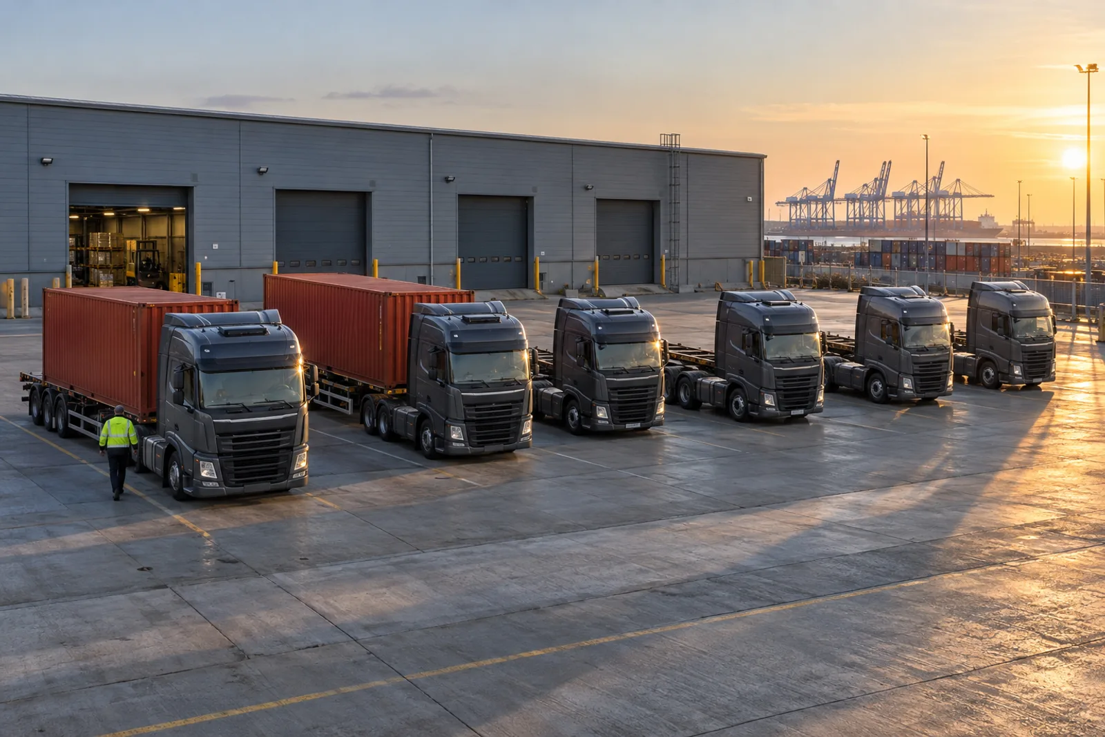 Norholm tractor units lined up at the Trimley depot at sunrise
