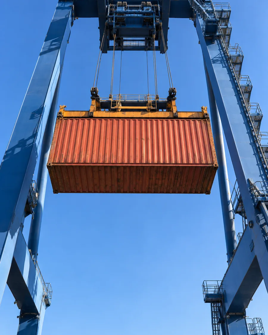 A ship-to-shore crane lifting a container against a clear sky