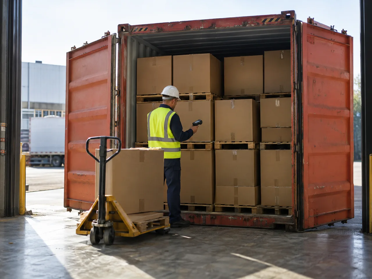 The open doors of a container at a warehouse dock with cartons inside