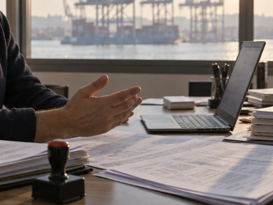 Shipping documents and a laptop on a broker’s desk by the harbour