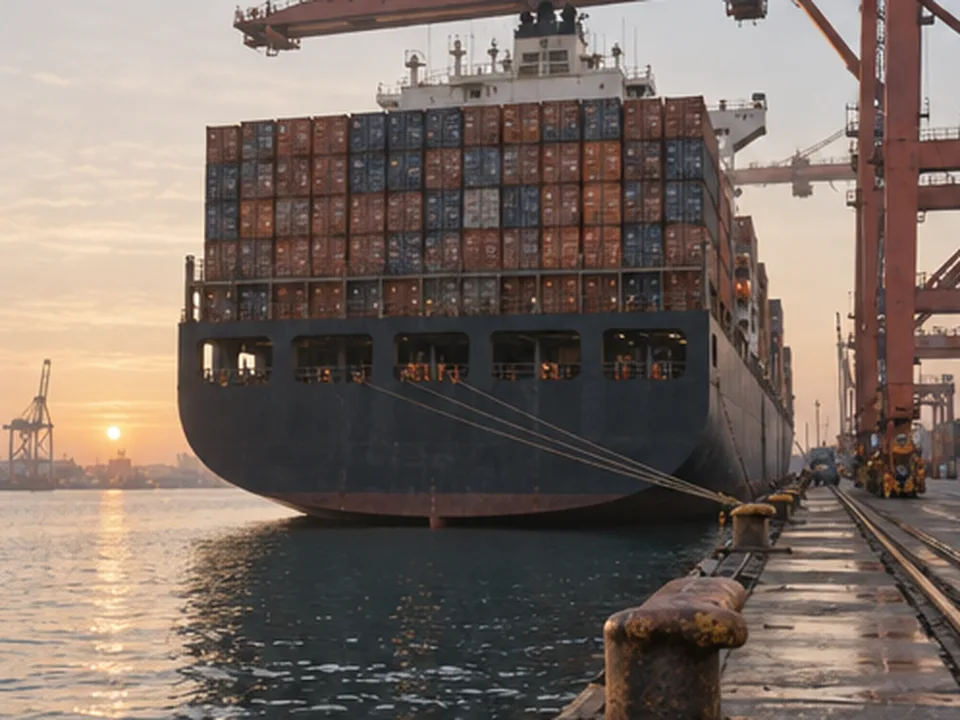 A container ship alongside the quay at dawn