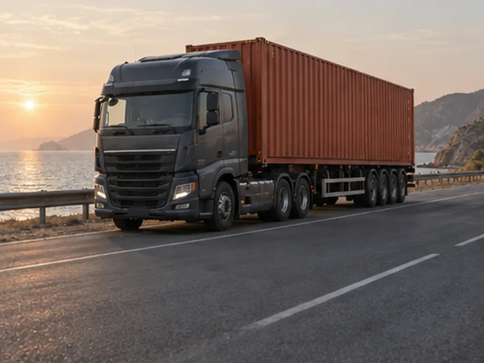 A tractor unit pulling a vermilion container along a coastal road