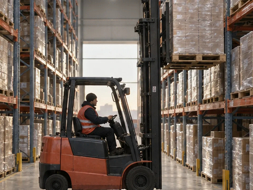 A forklift lifting a pallet in a bright warehouse aisle